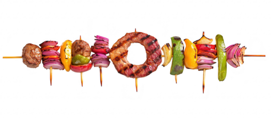 A arrangement of grilled skewers featuring a variety of meats and colorful vegetables. set against a clean white background. perfect for food photography and culinary promotions
