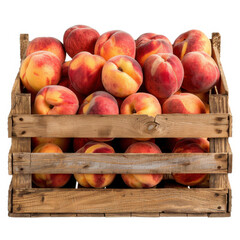 Fresh peach in wooden crate isolated on white background copy space