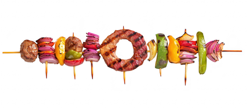 A arrangement of grilled skewers featuring a variety of meats and colorful vegetables. set against a clean white background. perfect for food photography and culinary promotions