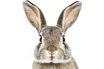 A close-up portrait of a rabbit with large ears and expressive eyes. set against a plain white background. its features for use in educational or wildlife-related content
