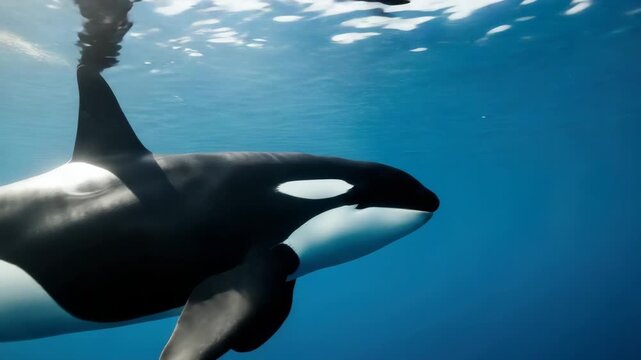 A beautiful orca swims just below the ocean surface in a sequence of frames. The majestic killer whale glides through clear blue water with sunlight filtering from above