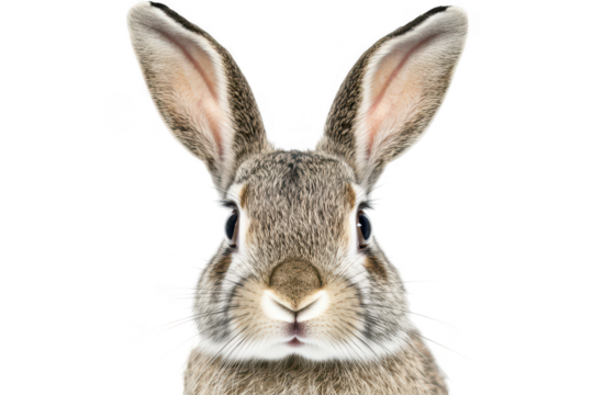 A close-up portrait of a rabbit with large ears and expressive eyes. set against a plain white background. its features for use in educational or wildlife-related content