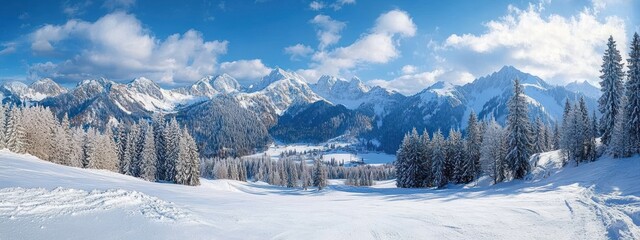 sunlit snowy alpine valley with frosted evergreen trees and distant jagged peaks under a bright blue sky, serene winter panorama