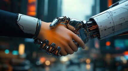 Human hand shaking a chrome robotic hand amid blurred neon city lights, close-up handshake conveying trust, partnership and futuristic collaboration