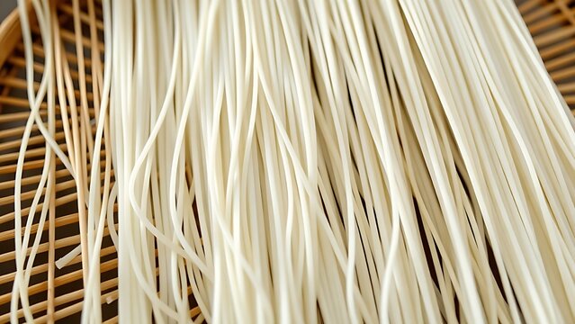 somen. Thin white Japanese somen noodles arranged neatly on a traditional bamboo drying rack, highlighting texture and orderly lines. lifestyle magazines.