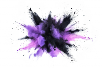 An abstract explosion of purple and black powder creating a and dynamic visual effect against a white background. suitable for artistic or creative projects