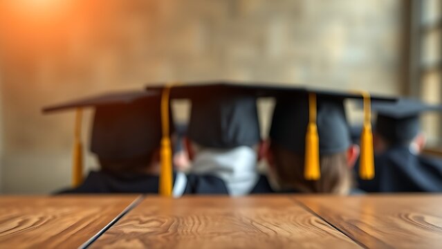 achievers. Graduation caps lined up on a wooden surface, symbolizing academic success with a softly blurred background. event programs.
