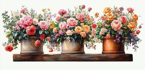 three rustic metal pots filled with blooming roses and mixed garden flowers on a wooden shelf, evoking romantic cheerfulness