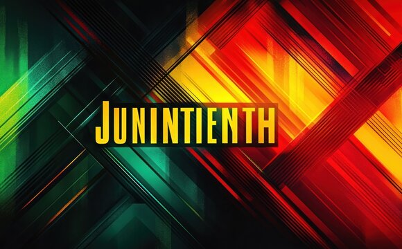 Bold yellow block text reading JUNINTIENTH centered on vibrant intersecting diagonal geometric bands in green, yellow and red over a dark textured background, energetic celebratory mood