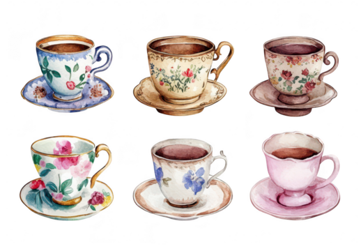 A collection of six beautifully designed vintage teacups. each with unique floral patterns and colors. arranged on delicate saucers. a charming tea party atmosphere