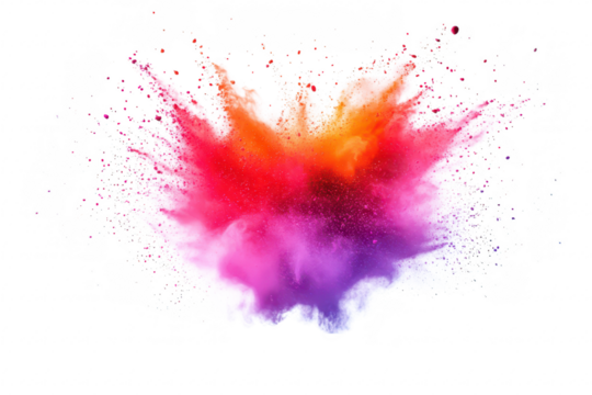 A explosion of colorful powder in shades of pink. orange. and purple. creating an artistic display against a white background. perfect for use in creative projects or advertisements