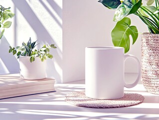 A blank white mug sits on a textured coaster next to potted plants, with dappled sunlight creating shadows.