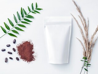 A blank white pouch is displayed next to coffee beans, a pile of coffee powder, and dried grasses on a white surface.