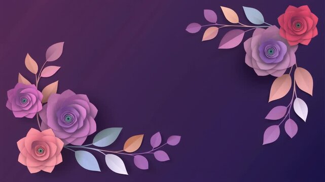Elegant floral corner decorations with roses and leaves on a dark purple background
