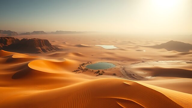 cyma. Mirage of an oasis over a desert landscape with heat distortion effect. ESG reports, sustainability campaigns, designed for sustainability communications and ESG reporting.