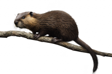 A close-up view of a beaver perched on a branch. its detailed fur texture and natural pose. with a blurred forest background hinting at its aquatic habitat
