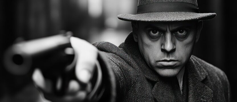 black and white portrait of a man in a fedora and wool overcoat pointing a handgun toward the viewer, dramatic lighting conveying menace and tense suspense