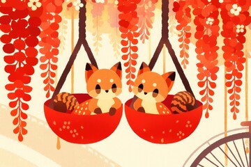 cute foxes in red bowls hanging from wisteria vines with bicycle on warm background for children book illustration