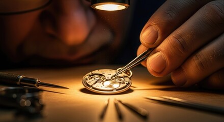 Precision work by an experienced watchmaker using specialized tools to assemble a delicate timepiece movement, showcasing intricate craftsmanship and dedication to fine mechanics