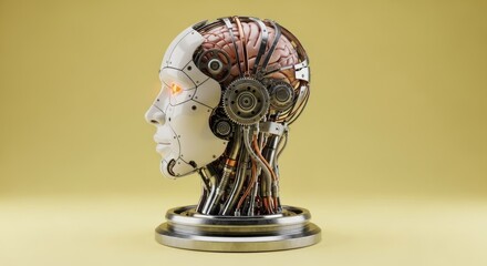 The intricate inner workings of artificial intelligence, showcasing a robotic head with exposed brain circuitry and mechanical components