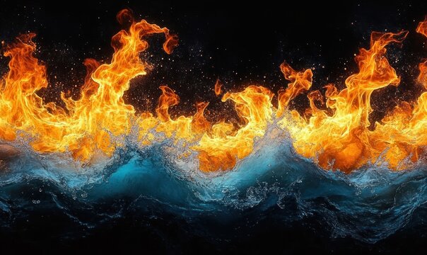 Roaring orange flames colliding with crashing blue ocean waves against a dark background, intense and turbulent energy - Powered by Adobe