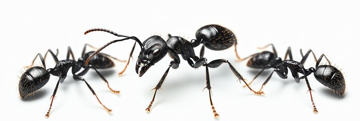 three glossy black ants with golden bristles on a white background, close-up, tense confrontational mood