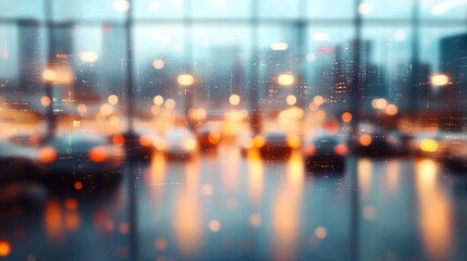 Blurred city skyline and traffic seen through a rain-speckled glass window with warm bokeh lights and reflective wet pavement, creating a dreamy, contemplative evening mood