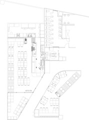 Layout Plan for Furniture Arrangement and Functional Zones in a Shopping Mall Including Seating, Kitchen Area, and Restroom Placement