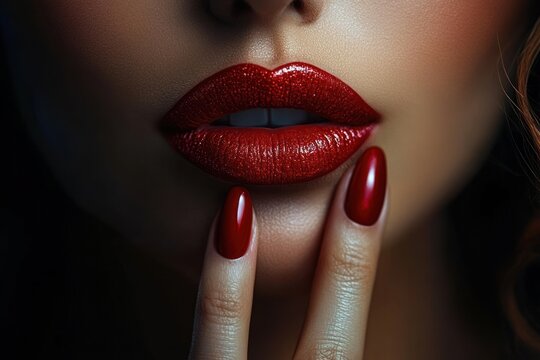 Close-up of glossy red lips with a hint of teeth and matching manicured red nails touching the chin, sensual and glamorous mood