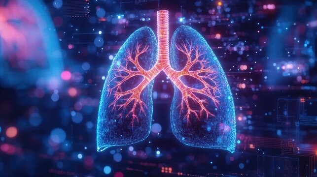 Glowing holographic human lungs with branching bronchi and trachea in neon blue and pink against a futuristic digital circuit and bokeh background, conveying high-tech clinical precision