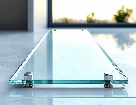 Minimalist thick glass floating shelf with chrome standoffs on glossy marble countertop beside a bright window, soft natural light and blurred greenery, calm serene modern interior