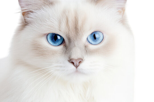 A close-up portrait of a fluffy white cat with striking blue eyes. set against a soft. neutral background. its serene expression and inviting gaze. ideal for pet-related content