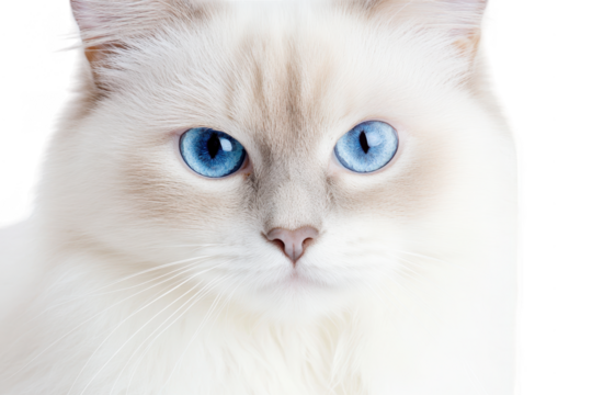 A close-up portrait of a fluffy white cat with striking blue eyes. set against a soft. neutral background. its serene expression and inviting gaze. ideal for pet-related content