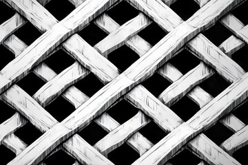 close-up of white wooden lattice trellis with crisscross diagonal slats forming diamond openings, bold high-contrast shadows and a rhythmic, stark geometric pattern