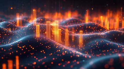 glowing orange vertical data columns rising from an undulating blue mesh dotted with orange particles, a futuristic pulsating digital landscape
