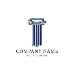 A minimalist blue Ionic column logo design with placeholder text for company name and tagline, representing stability and classic professionalism.