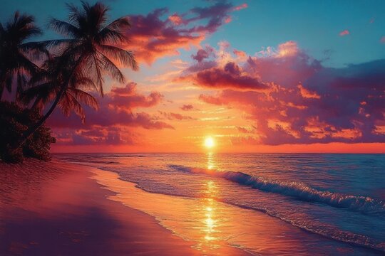 Tropical palm-lined beach at sunset with vibrant orange and pink clouds, gentle waves and golden sun reflecting on calm sea, evoking peaceful tranquility