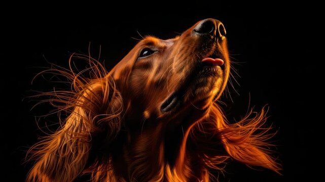 A sequence of portraits showing a beautiful irish setter with flowing red hair. Dramatic studio lighting on a black background highlights the dog's elegant movement and fur