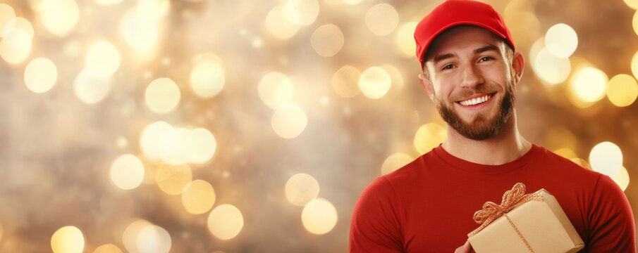 Delivery man in red uniform and cap smiling, holding a holiday gift box against a festive, sparkling bokeh background