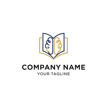 Minimalist logo template combining an open book and a human brain in a clean line art style.