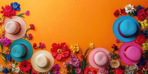 bright cheerful arrangement of colorful wide-brim sun hats and mixed vibrant flowers on an orange background, festive summery flat lay with empty center