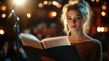woman under warm stage lights holding open sheet music and singing into a microphone, focused soulful expression during intimate live performance