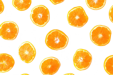 A arrangement of freshly sliced orange segments scattered evenly on a clean white background. their juicy texture and bright color. perfect for food photography or culinary use