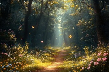 Obraz premium Sunlit forest path lined with colorful wildflowers and fluttering butterflies, sunbeams piercing the canopy and casting a tranquil, magical glow over a secluded woodland clearing