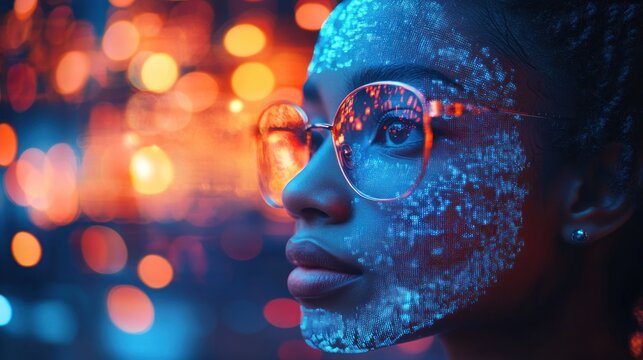 Close-up of ear with stud and braided hair beside warm orange and blue bokeh lights, moody dreamy nighttime atmosphere