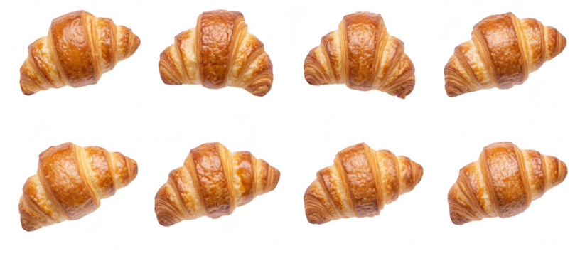 A top-down view of freshly baked golden-brown croissants arranged neatly in two rows on a clean white background. ideal for culinary articles or bakery promotions - Powered by Adobe