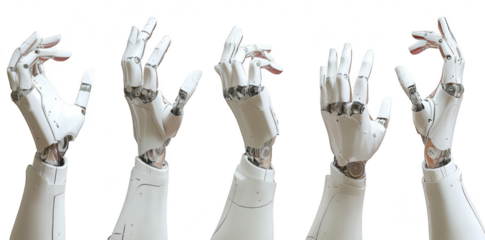 A series of advanced robotic hands intricate designs and articulated joints. positioned against a neutral background. highlighting technology and innovation in robotics