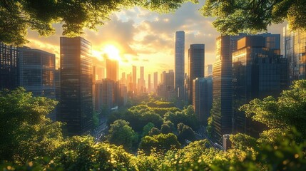 sunlit modern city skyline framed by lush green trees and central urban park at golden hour, peaceful and hopeful atmosphere