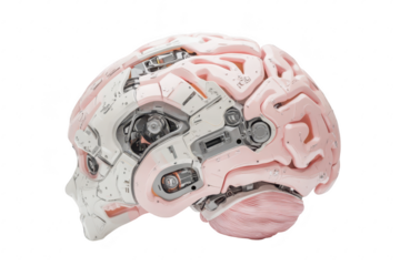 A futuristic robotic head design intricate mechanical components and a pink brain-like structure. set against a clean white background. ideal for technology and innovation themes