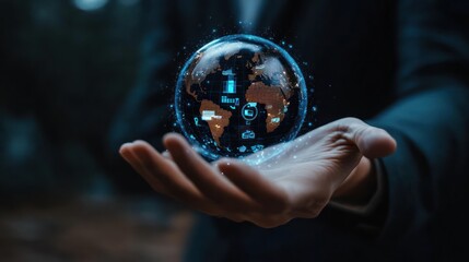 suit-clad hand holding a glowing holographic digital globe with continents and tech icons, evoking futuristic wonder and confident control
